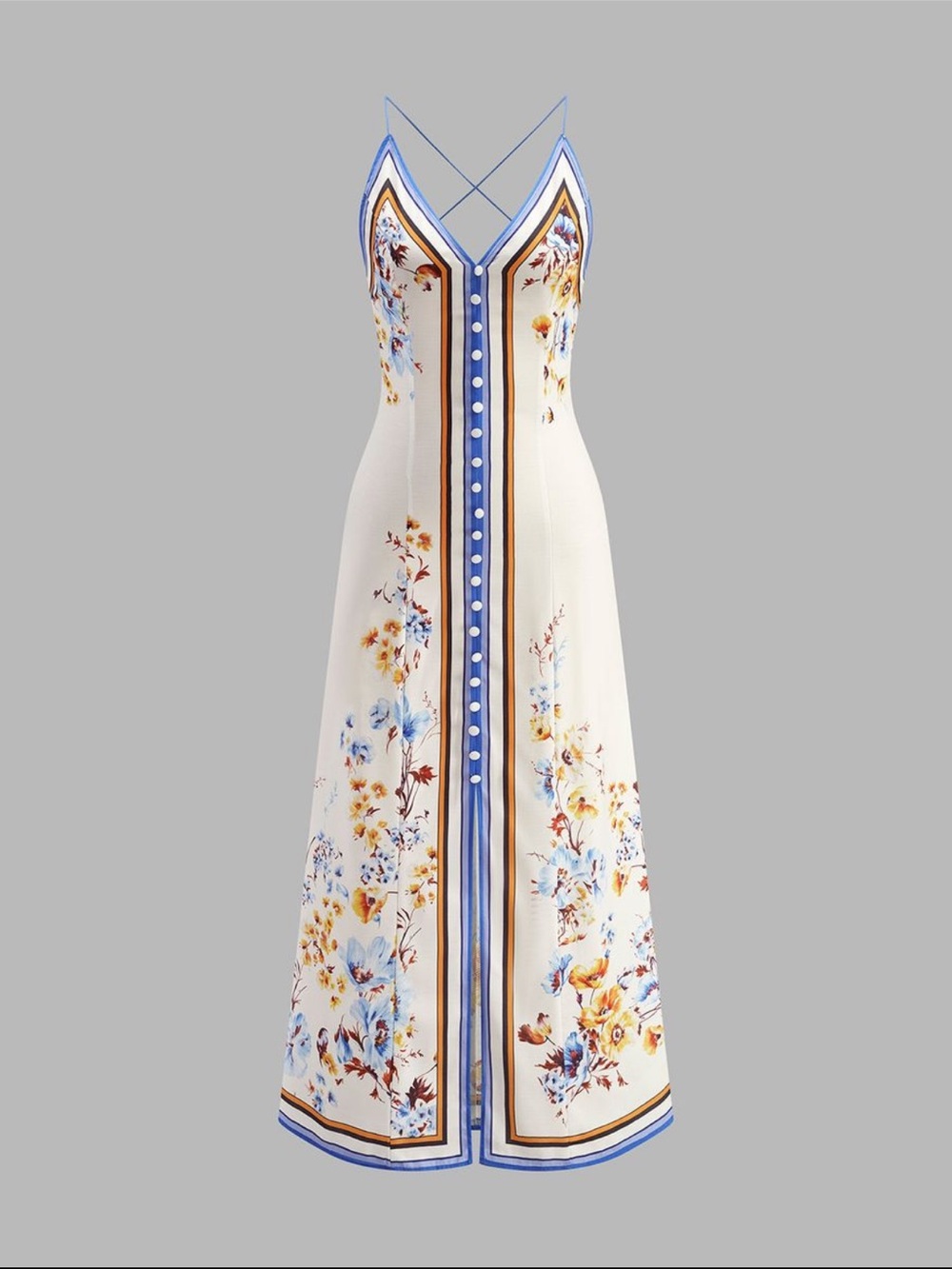 Cream Floral Maxi Halter Dress with Blue Trim Low Back XS